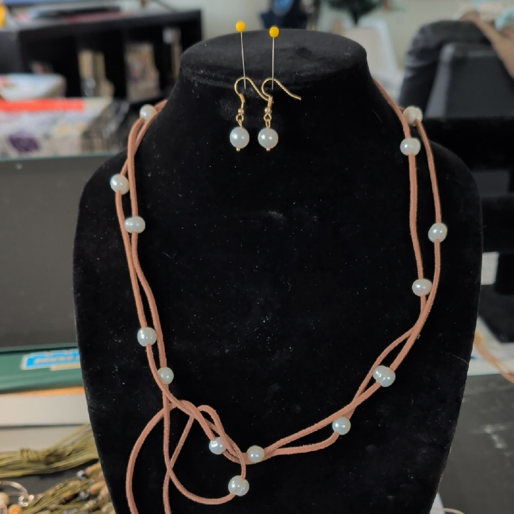 Pearl Accent Pink-Tan Suede Necklace and Earring Set